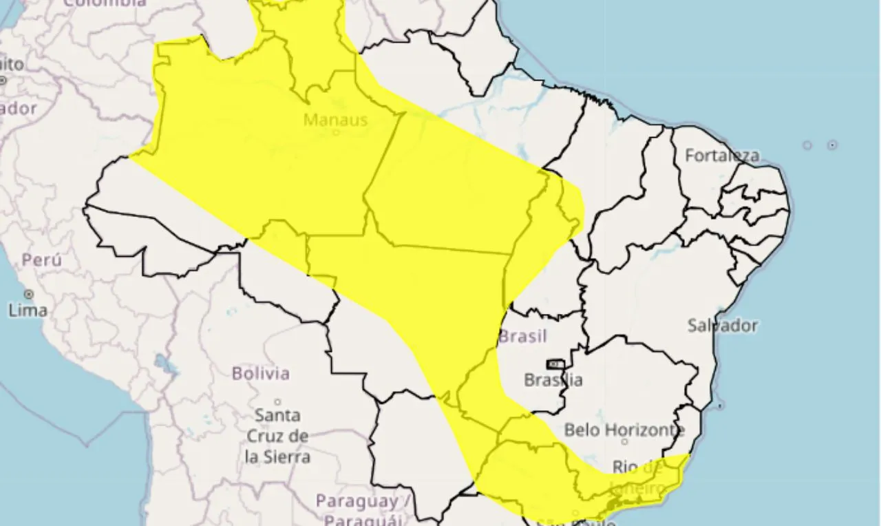 o mapa mostra as áreas em alerta para chuva intensa e ventos